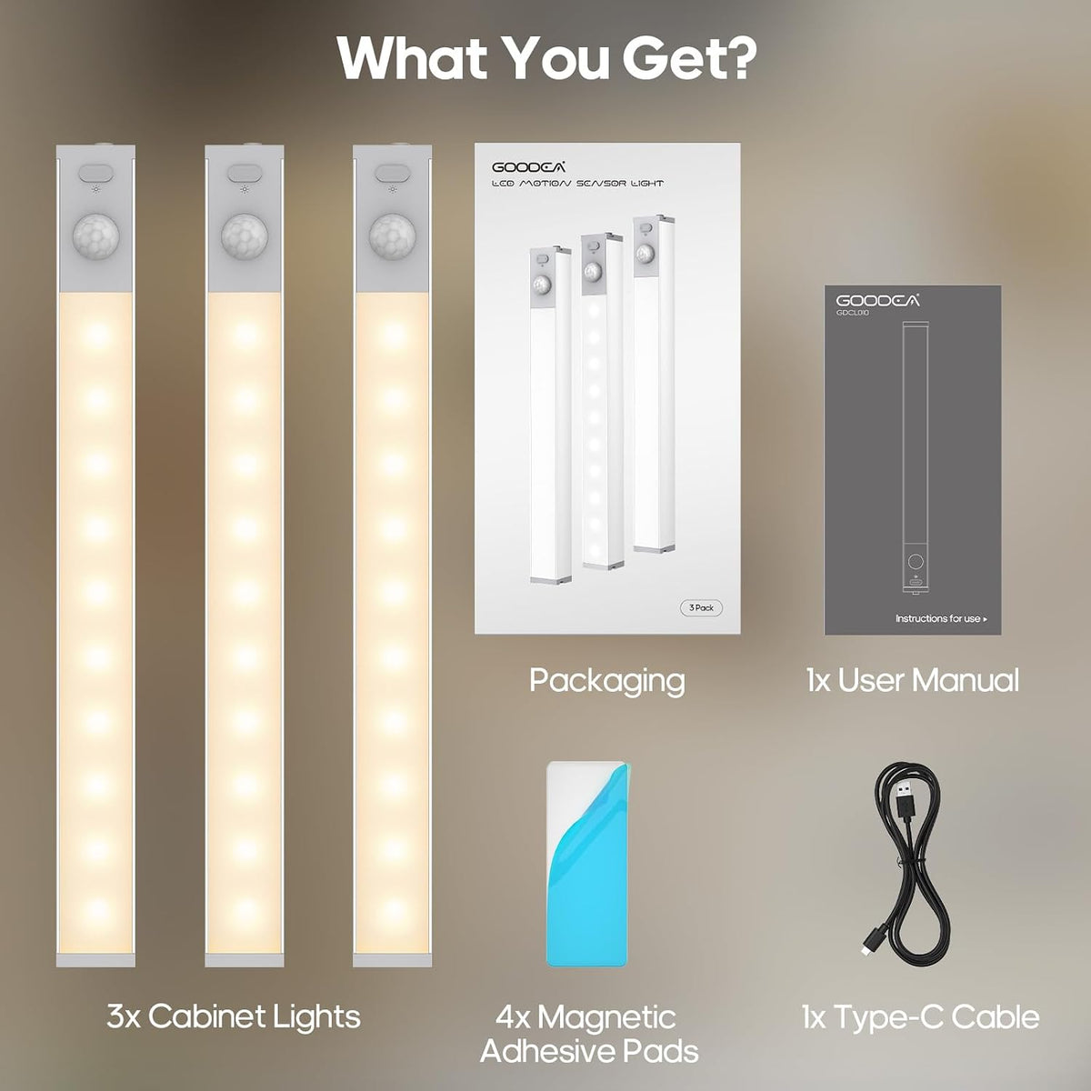 Small Wardrobe Lights Motion Sensor with USB Rechargeable 18Cm, 3Pcs