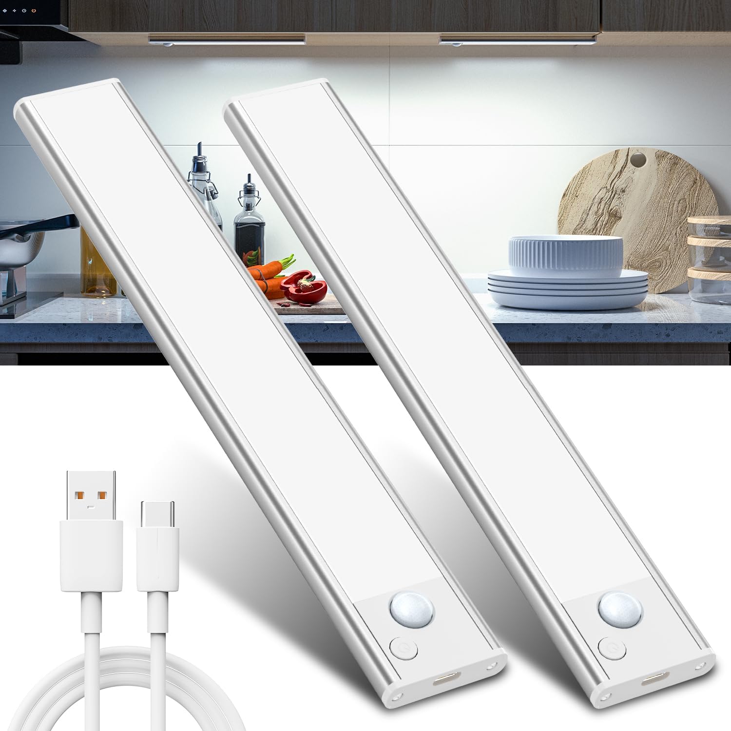 2-Pack Rechargeable LED Motion Sensor Under-Cabinet Lights | Magnetic Wireless
