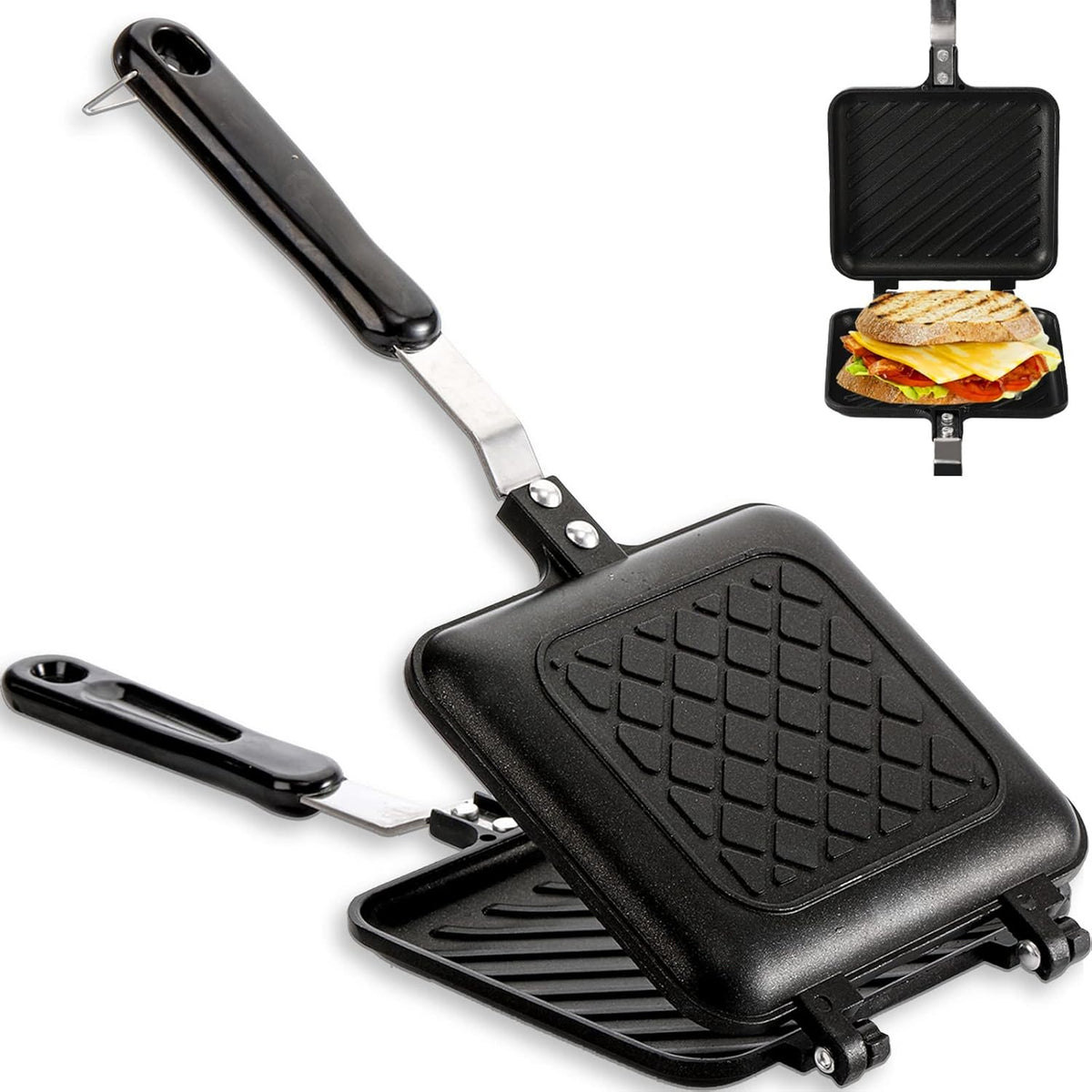 Sandwich Maker, Grilled Sandwich and Panini Maker Pan with Non-Stick Plates, Stovetop Toasted Sandwich Maker Aluminum Flip Pan for Home Kitchen, 5.9" L X 14.2" H