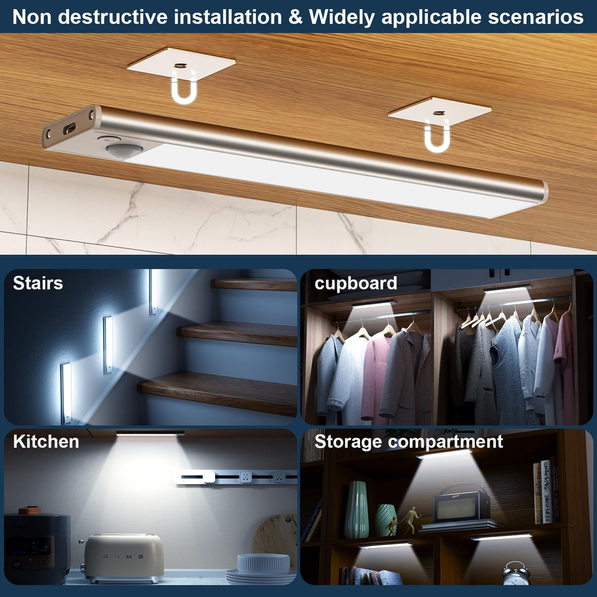 2-Pack Rechargeable LED Motion Sensor Under-Cabinet Lights | Magnetic Wireless
