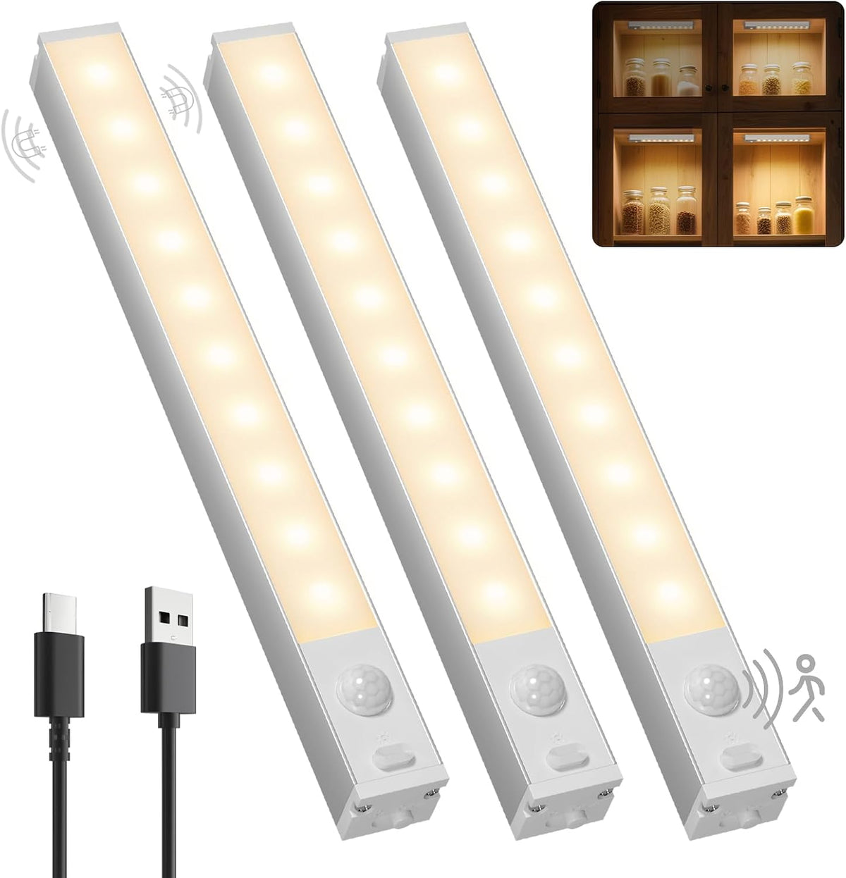 Small Wardrobe Lights Motion Sensor with USB Rechargeable 18Cm, 3Pcs
